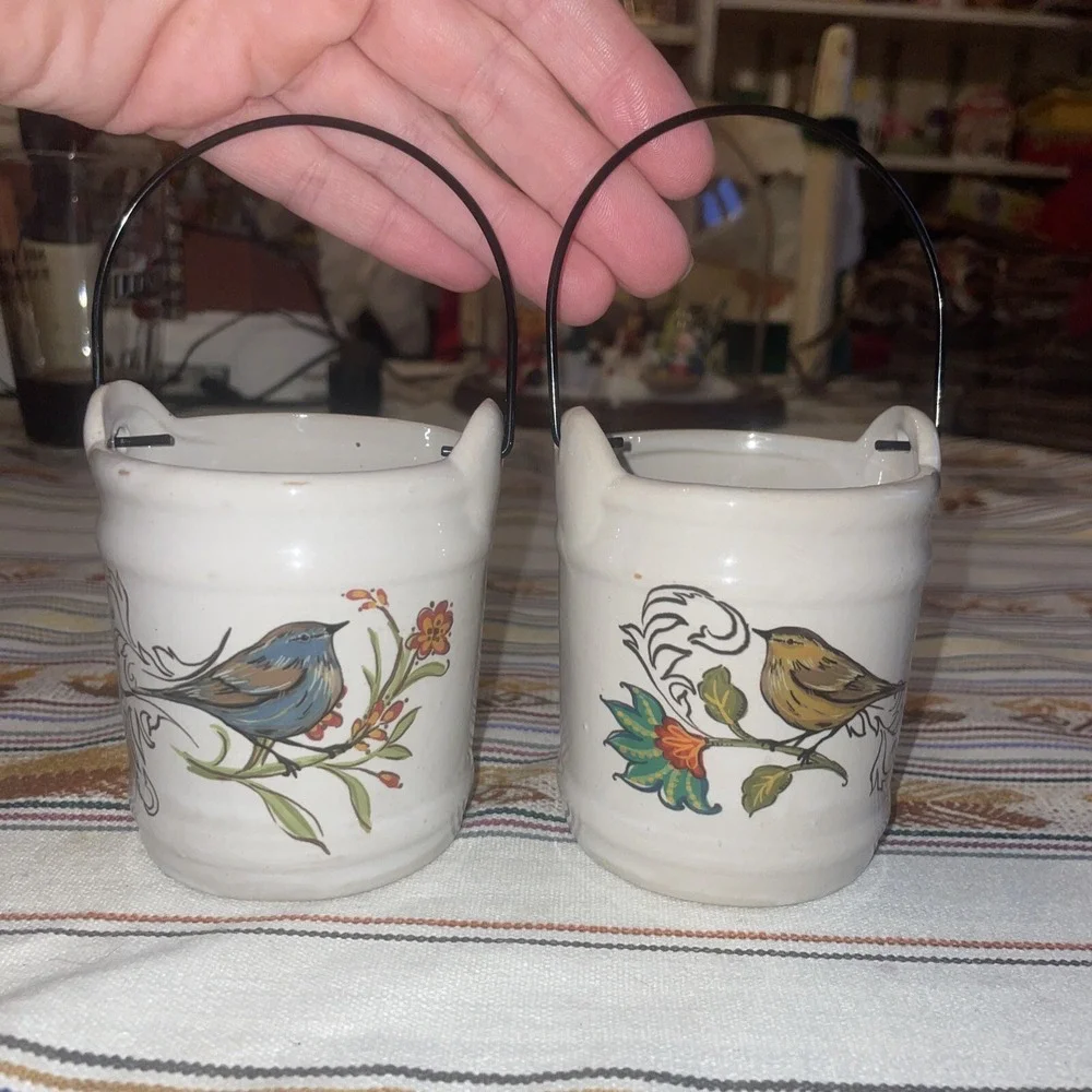 Pair Of Ceramic Pails/buckets With Metal Handles Birds On Branches, Candle Holde